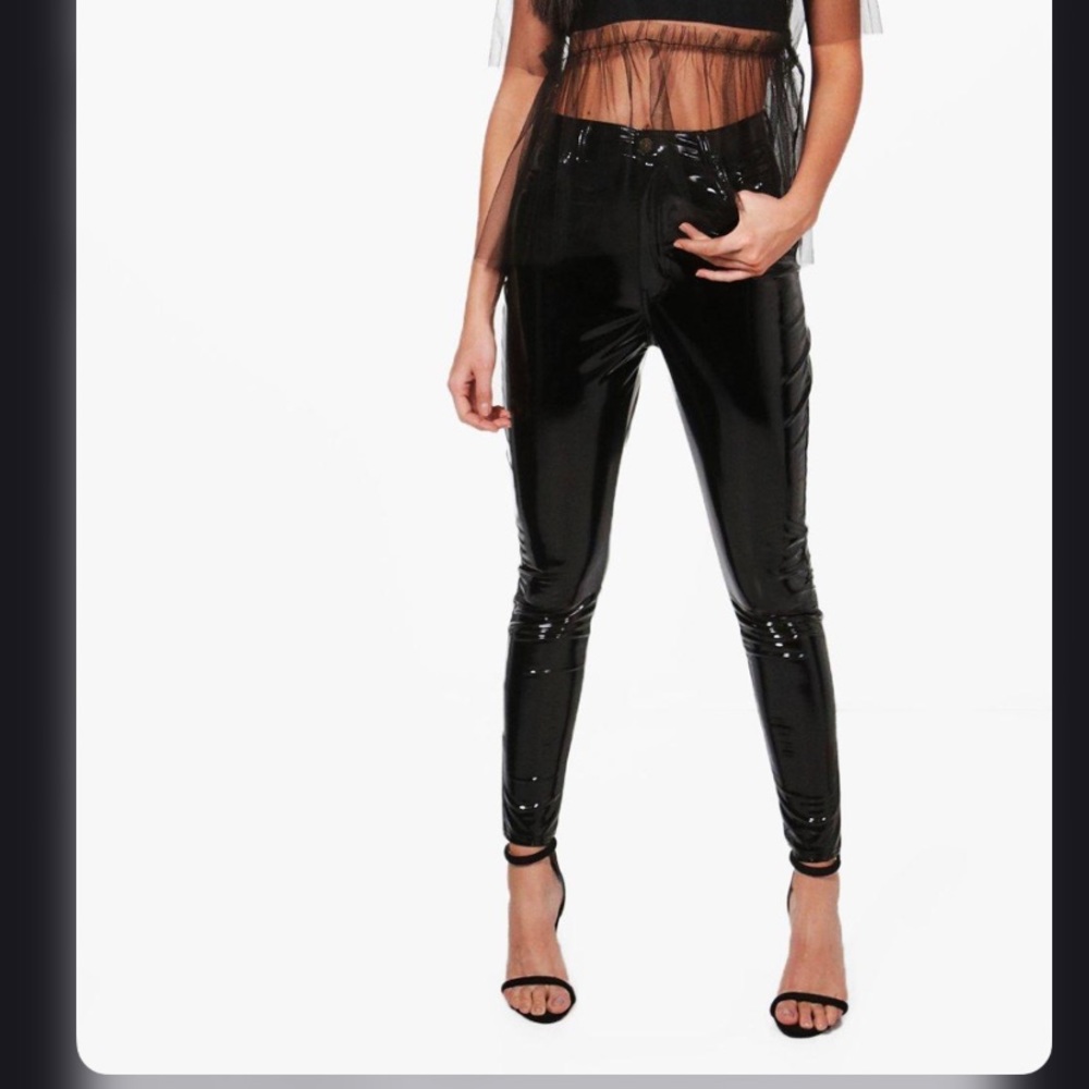 Black vinyl trousers from Boohoo